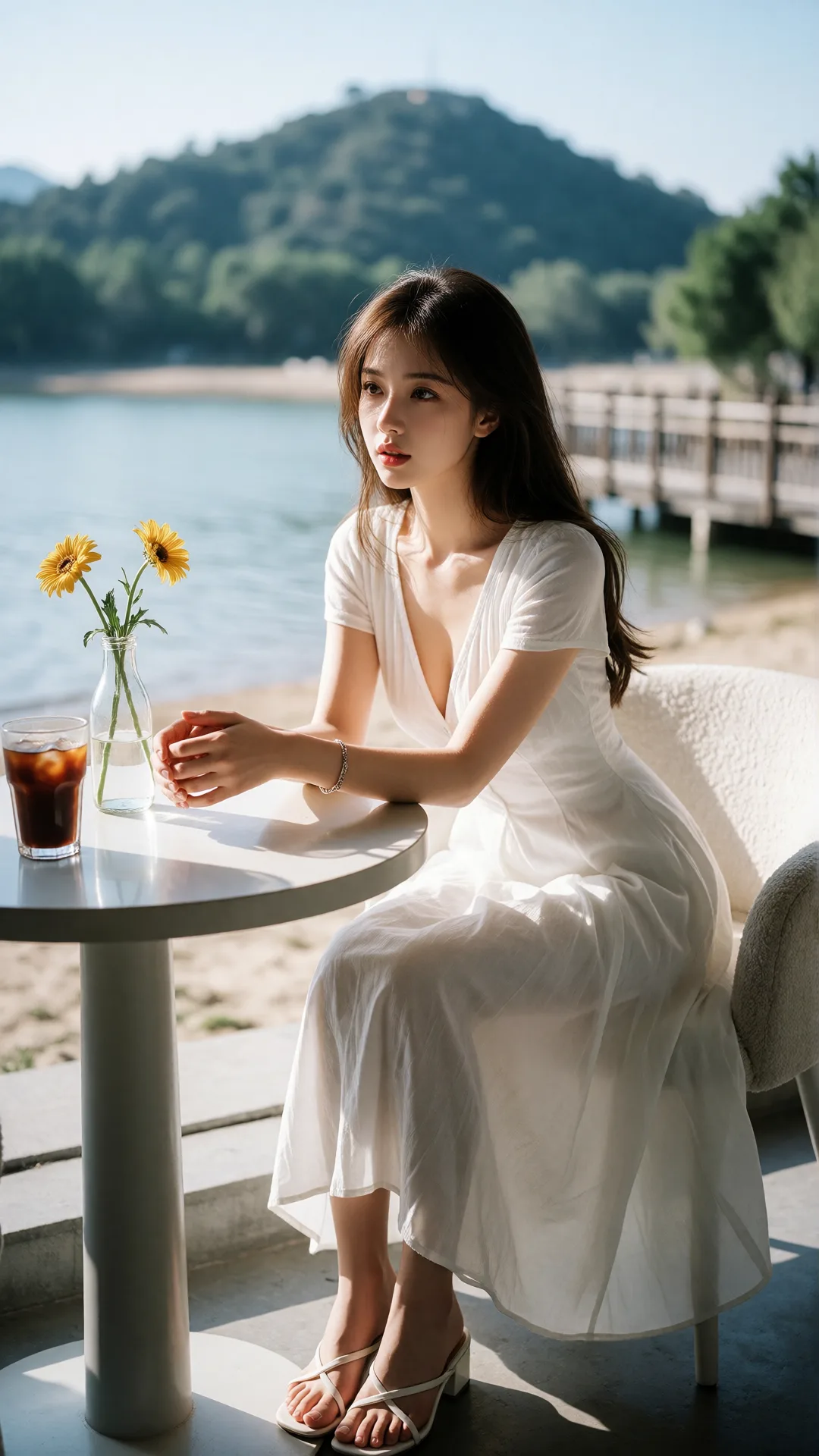 湖景咖啡馆中的白衣女子