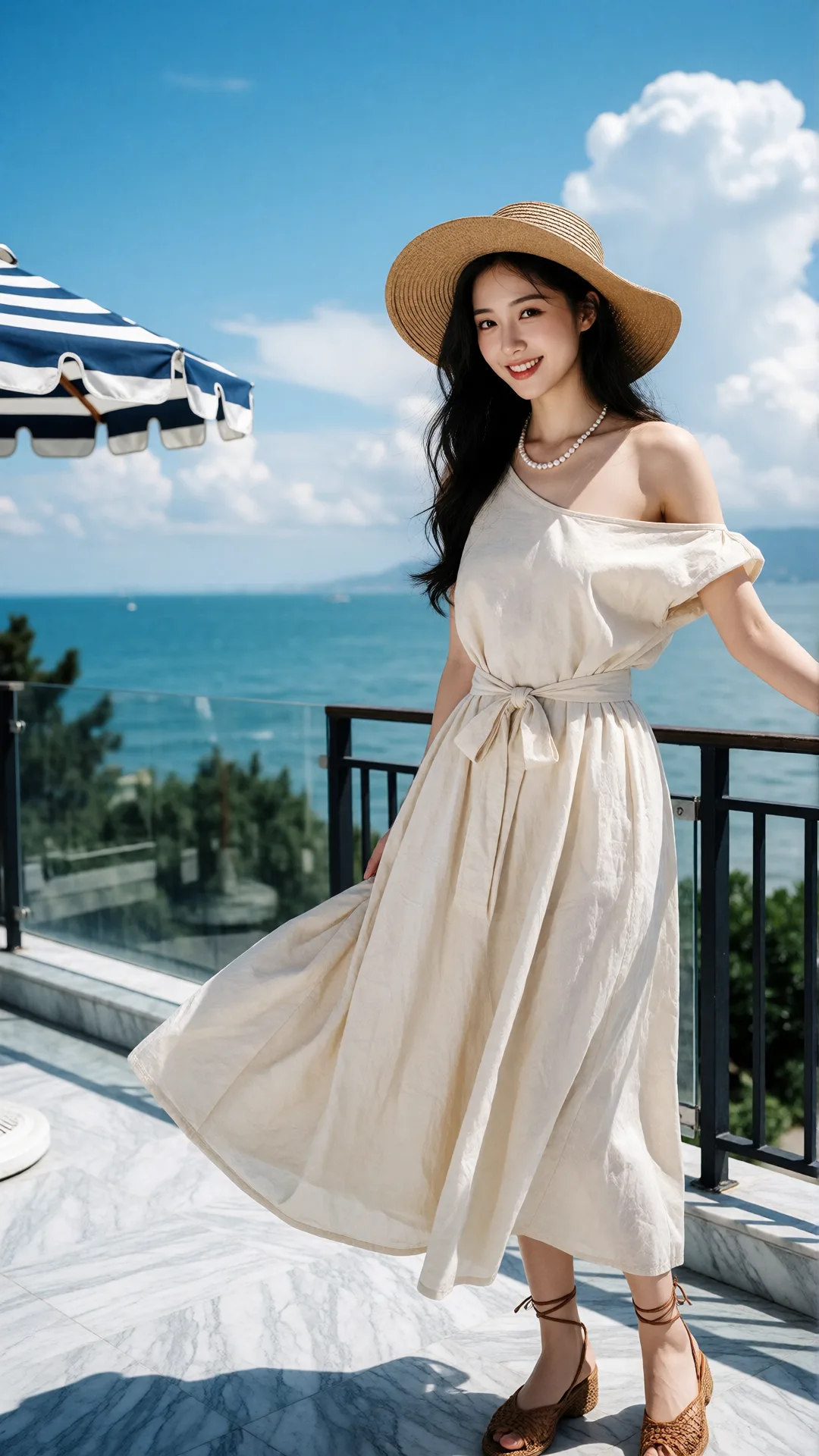 画面风格：清新明亮的度假摄影风格，高饱和度色彩呈现蓝天碧海的自然
