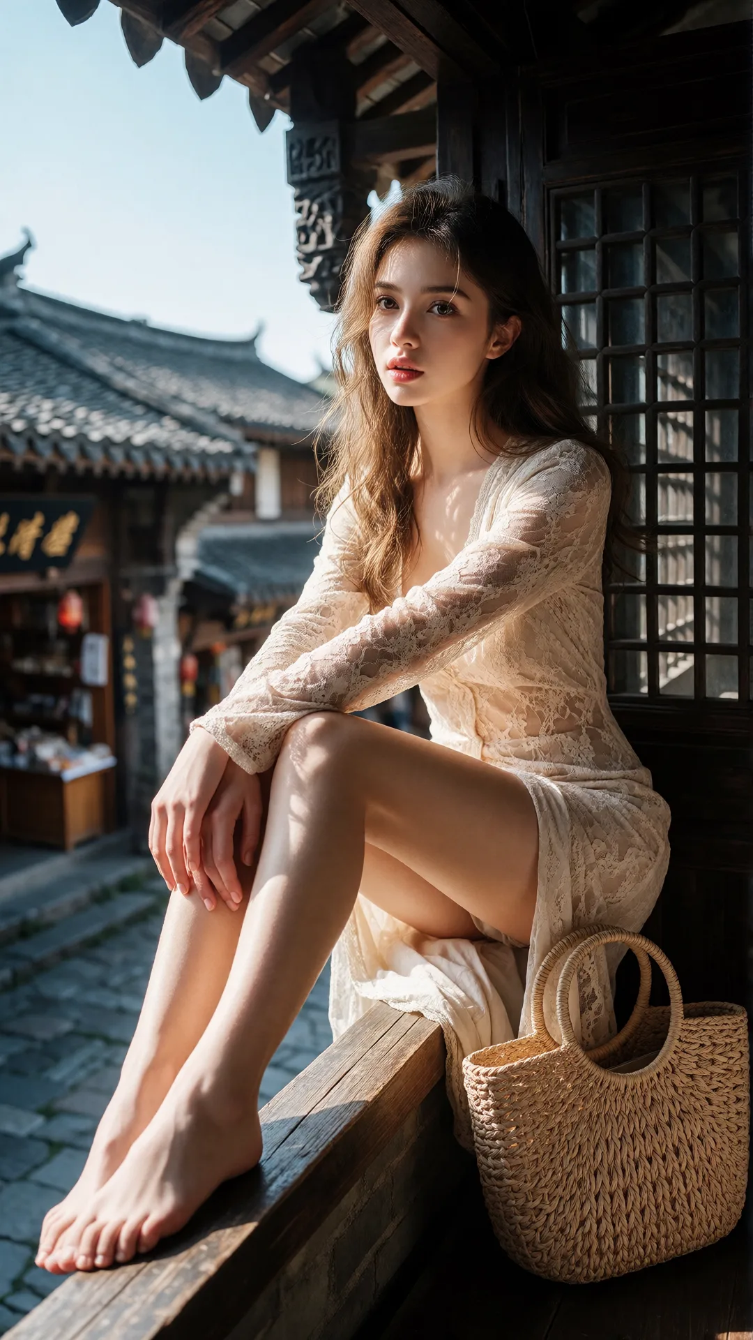 窗台赤足女子与中式老街午后光影