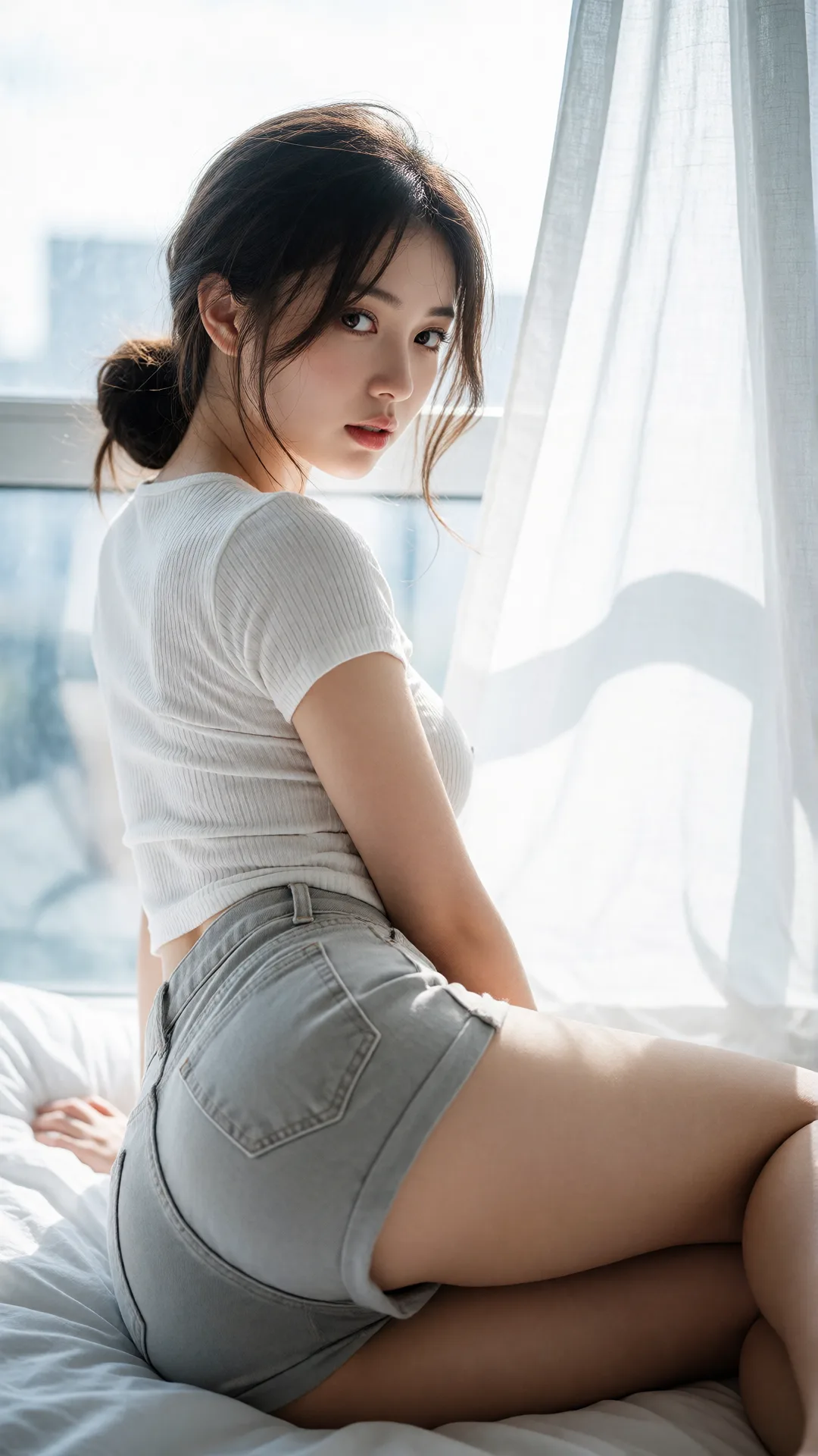 画面风格：清新柔美的室内人像摄影风格，采用高亮度与低对比度呈现