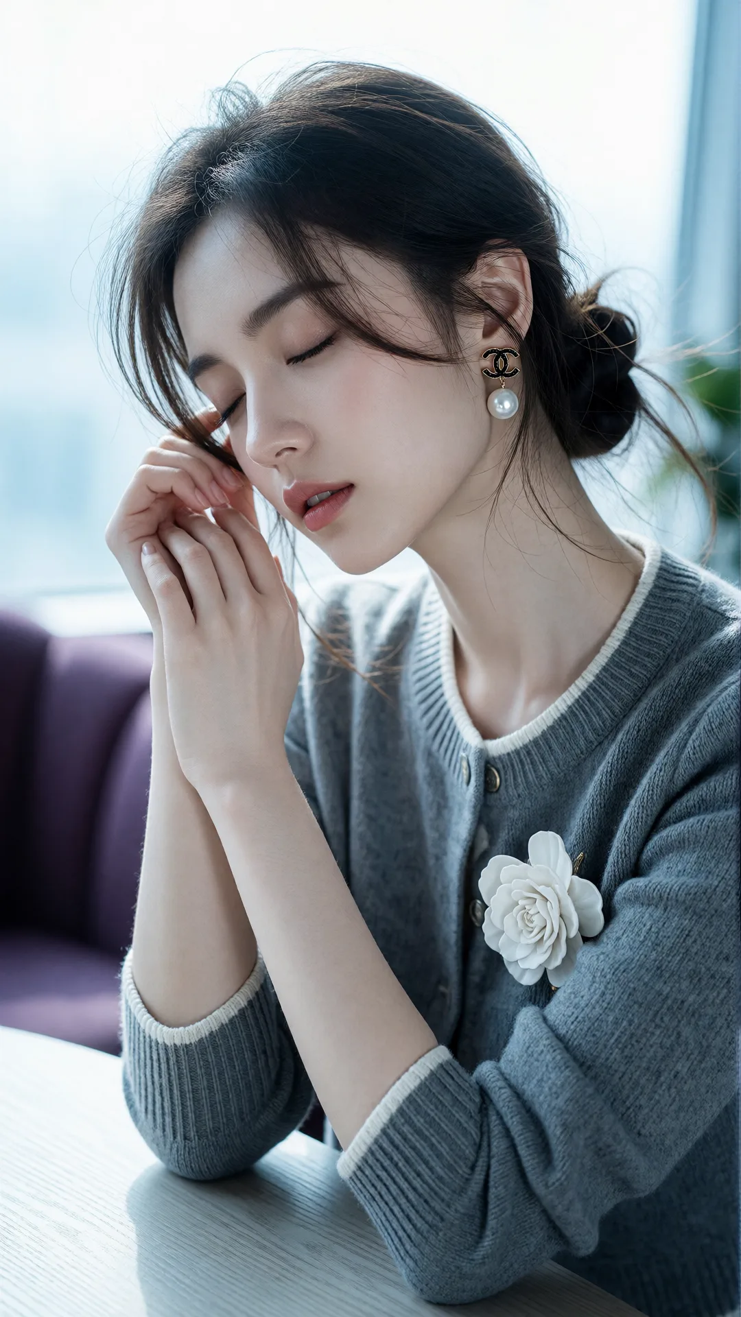 画面风格：清冷高级感的写实人像摄影，采用柔和的自然光线与冷色调基