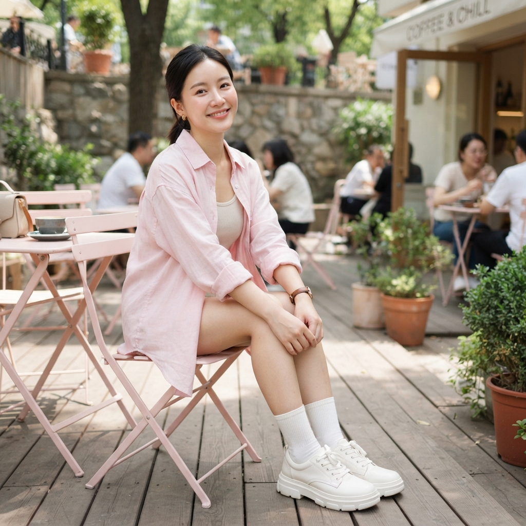 户外咖啡店浅粉衬衫女生清新休闲人像