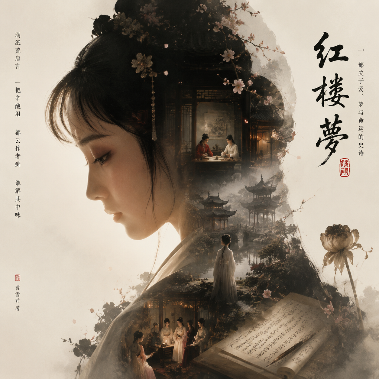 根据{红楼梦}自动生成一张 收藏版史诗叙事海报， 巨大优雅的{林